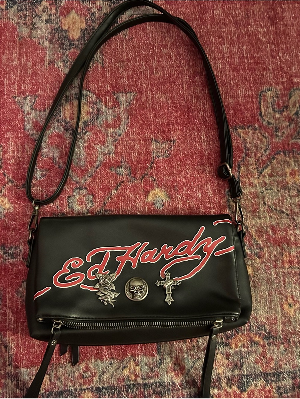 Ed Hardy Black Crossbody with Red Script & Metal Charms